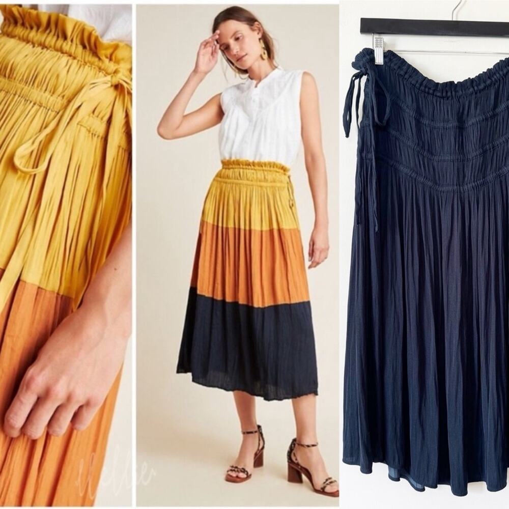 Anthropologie Current Air Navy Smocked Pleated Satin Midi Skirt Side Tie L